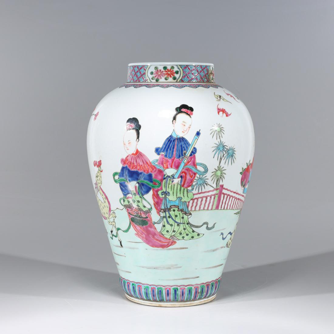 Chinese Famille Rose Enameled Porcelain Vase: Chinese famille rose enameled porcelain vase with flowering trees, beauties, and bats to body, with six-character Kangxi mark to base; overall good condition; H 16" x D 10 1/4" (approx.)