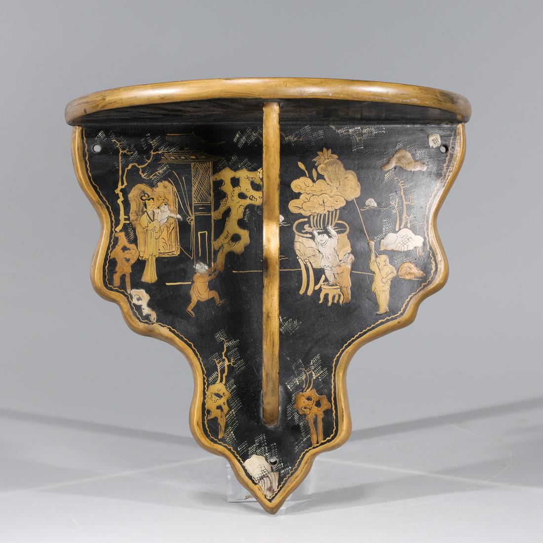 Chinese Gilt Lacquered Wall Shelf: Chinese gilt lacquered wall shelf with courtyard scenes and floral motifs, drilled with three holes for mounting; overall good condition; H 12 1/2" x W 12 1/2" x D 6" (approx.)