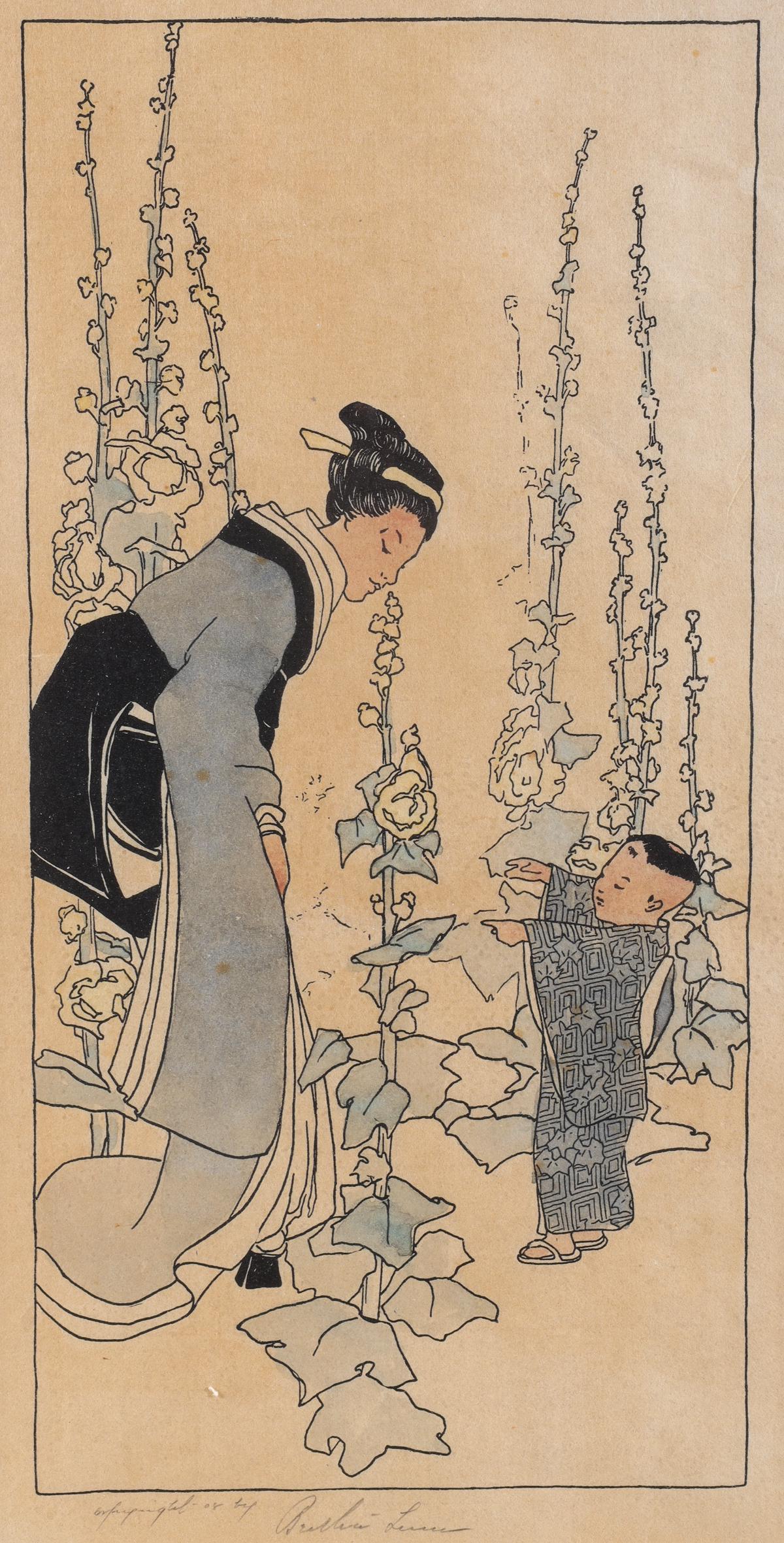 Bertha Lum (1869-1954, American): Colored woodblock print on paper by Bertha Lum (1869-1954, American), framed, signed to the lower margin; as-is condition; the print 12" x 6", the frame 21" x 13 3/4" (approx.) Provenance: Private Ven