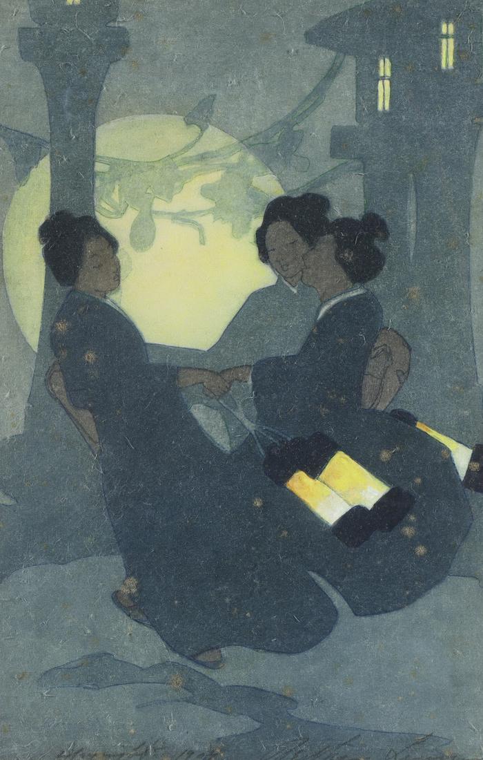Bertha Lum (1869-1954, American): "The Full Moon" colored woodcut on paper, framed, signed in pencil and dated in lower margin, circa 1904; overall good condition; 12 1/2" x 8 1/4", the frame 21" x 16" (approx.) Provenance: Private Ve