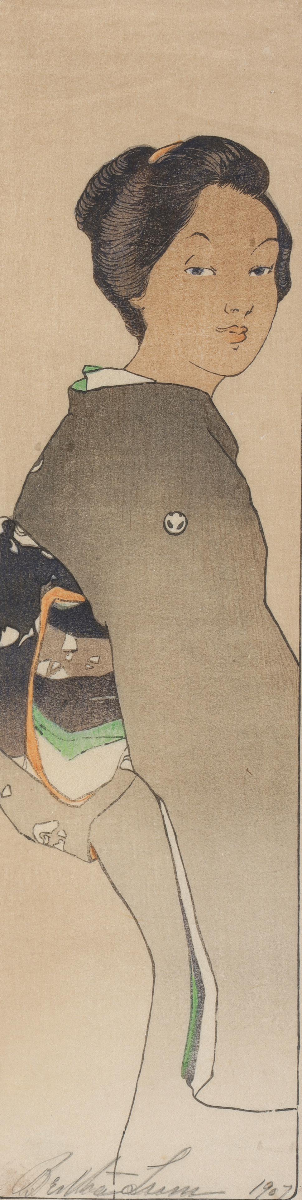 Bertha Lum (1869-1954, American): "O Fuji San" colored woodcut by Bertha Lum (1869-1954, American) circa 1907, signed and dated to lower margin; overall good condition; the print 13 1/2" x 3 1/2", the frame 22 1/2" x 16 3/4" (approx.)