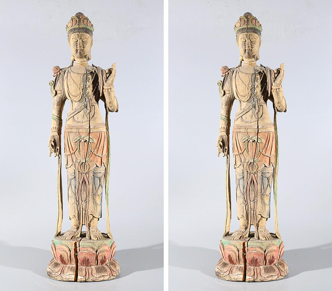 Two Chinese Carved Wood & Polychrome Standing Figures (1 of 10)