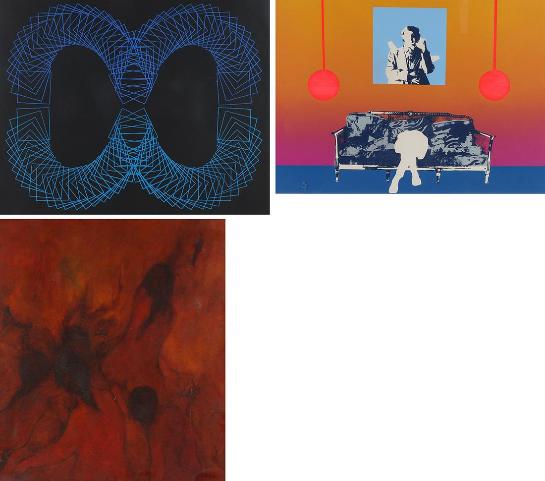 Group of Three Framed Artworks: Group of three framed artworks including signed and numbered lithograph of geometric design, 3/100, lower right signed possibly Jules Engle, signed color lithograph titled lower left Jack Smith Study,