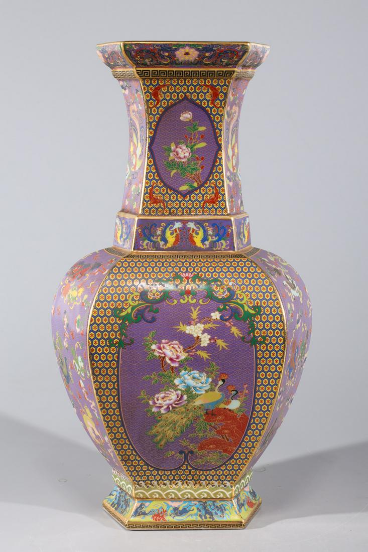 Chinese Cloisonne Imitating Porcelain Gilt Vase: Chinese cloisonne imitating porcelain gilt vase with allover floral and dragon designs, with four-character mark to base; overall good condition; H 19 3/4" x L 10 1/2" x W 7 3/4" (approx.)