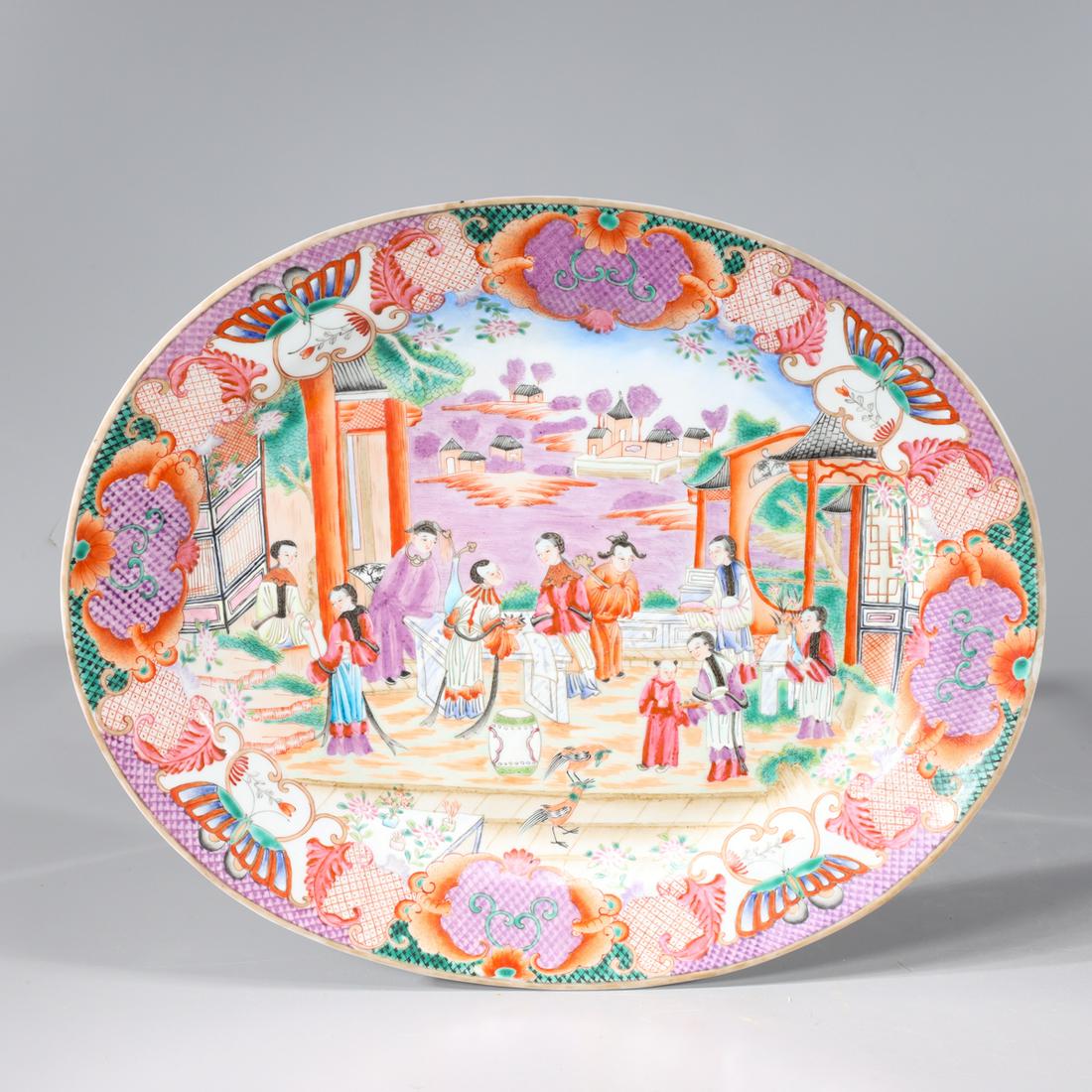 Chinese Famille Rose Enameled Porcelain Platter: Chinese famille rose enameled porcelain platter with figures, flowers, and insects to surface; overall good condition; H 1 1/2" x L 16 1/2" x W 13 1/2" (approx.)