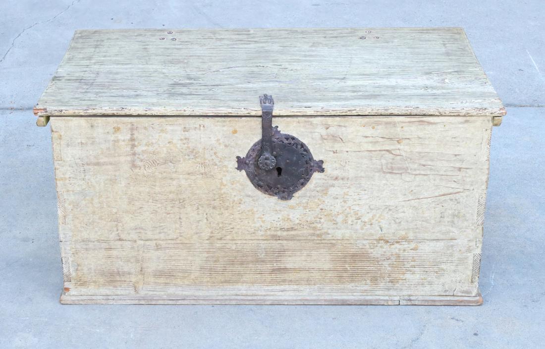 Antique Wood Blanket Chest: Antique wood blanket chest with metal fittings; as-is condition; 37 1/4" x 20 1/2" x 18" (approx.) Provenance: Private Los Angeles, CA collection