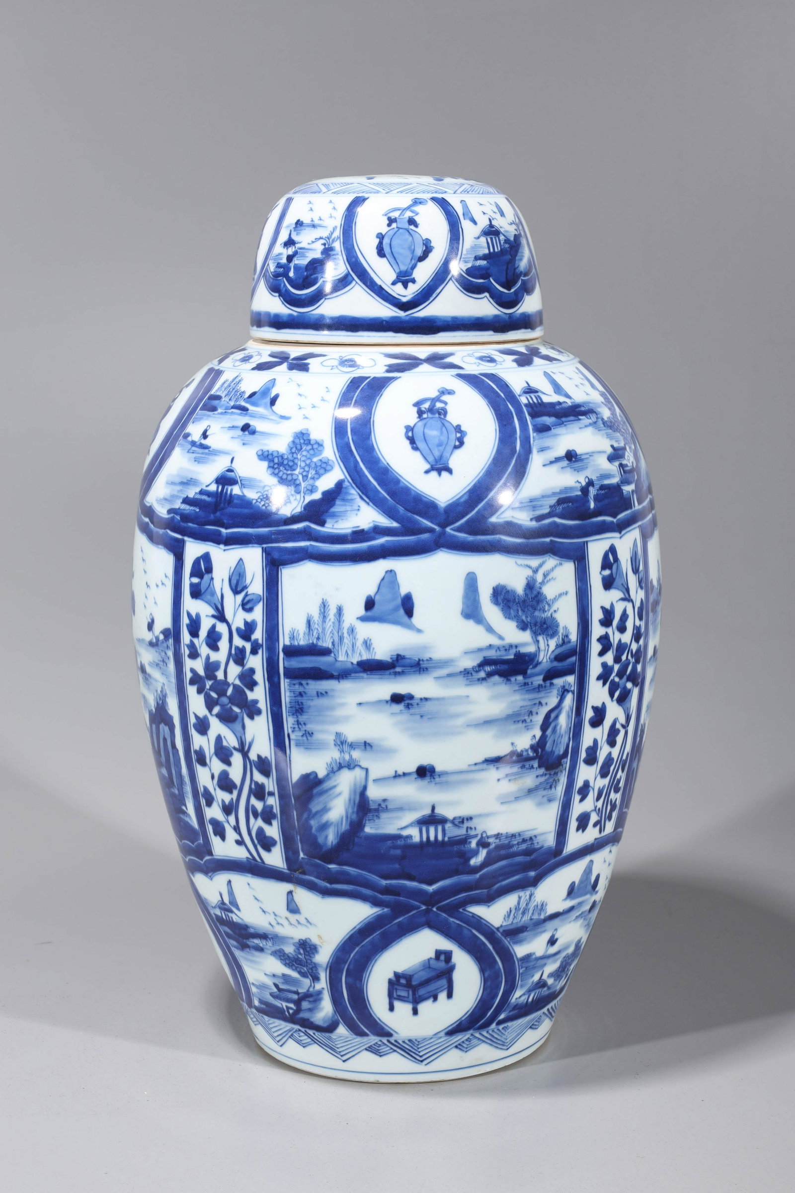 Chinese Kangxi Style Blue & White Porcelain Covered Vase (1 of 8)