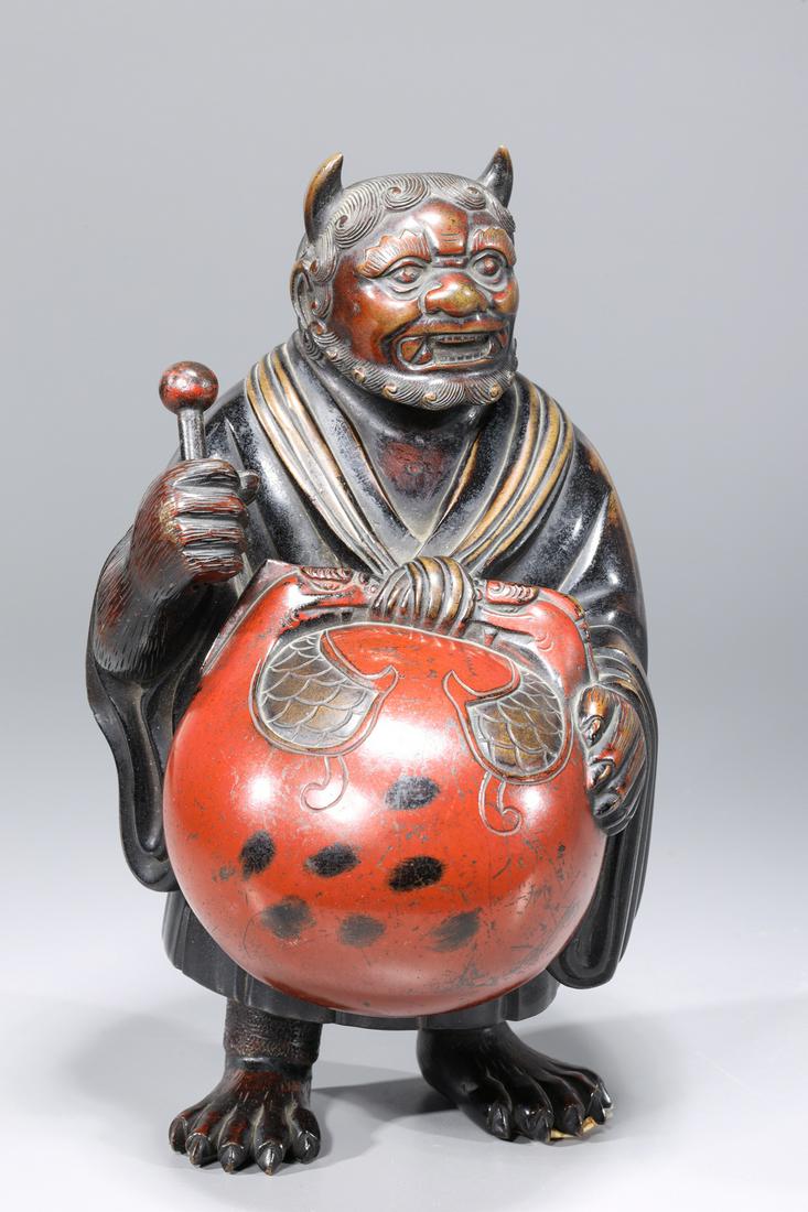 Japanese Bronze Namahage: Japanese bronze figure of Namahage with drum; overall good condition; H 9 1/4" x W 5" x D 5 1/4" (approx.)Provenance: Private Los Angeles, CA collection