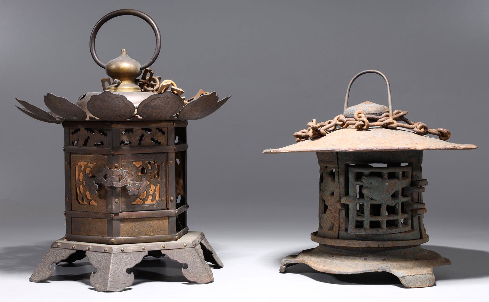 Two Antique Japanese Metal Lamps (1 of 9)