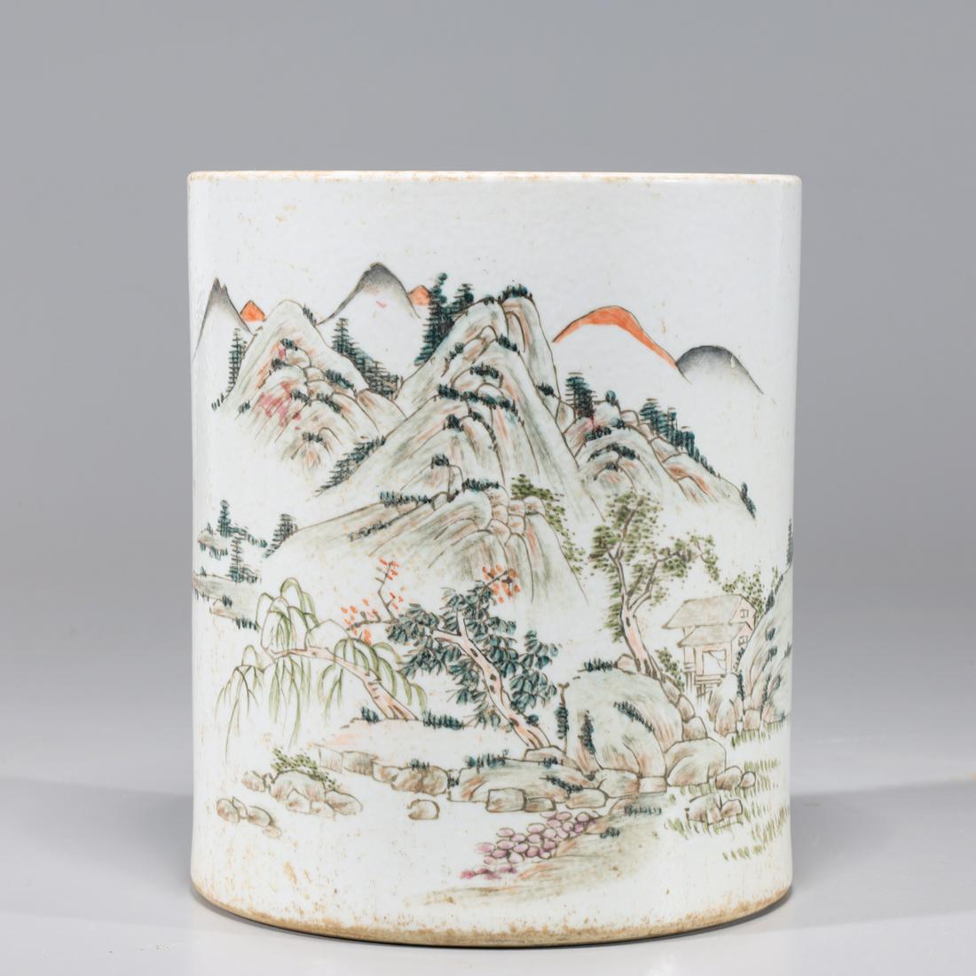Chinese Famille Verte enameled Porcelain Brush Pot: Chinese famille verte enameled porcelain brush pot with landscape scenes and calligraphy to exterior; some wear and soiling to interior and exterior; H 6 3/4" x D 5 3/4" (approx.) Provenance: Private 