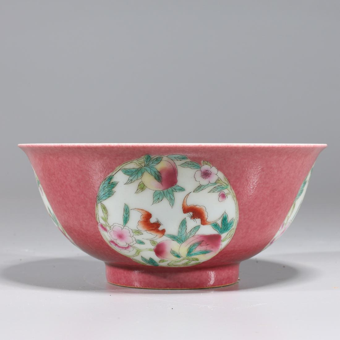 Chinese Famille Rose Enameled Porcelain Bowl: Chinese famille rose enameled porcelain bowl with bats and peaches designs to body, four-character coral red mark to base; overall good condition; H 2 1/2" x D 5 3/4" (approx.) Provenance: Private Flo