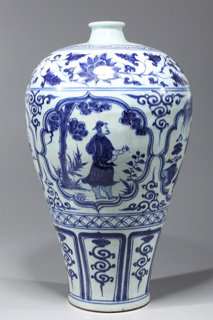 Chinese Blue & White Porcelain Meiping Vase: Chinese blue and white porcelain meiping vase with floral designs and scholars to body; overall good condition, minor soiling; H 17" x D 10 1/4" (approx.) Provenance: Private Florida, USA Collection
