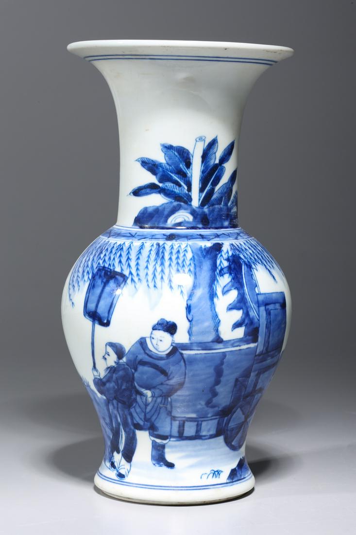 Chinese Blue & White Porcelain Vase: Chinese blue and white porcelain vase with figures to body, six-character Kangxi mark to base; overall good condition, minor wear; H 9 1/2" x D 4 7/8" (approx.) Provenance: Private Florida, USA Collec
