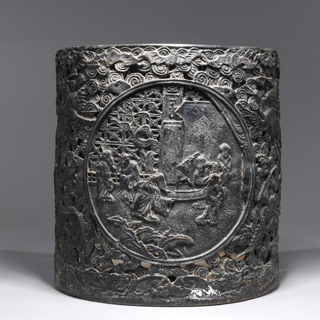 Elaborately Molded Chinese Metal Brush Pot: Elaborately molded Chinese metal brush pot with openwork design; some wear; H 10" x D 9 1/2" (approx.)