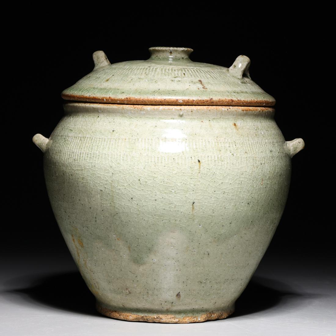 Antique Celadon Glazed Covered Ceramic Jar (1 of 8)