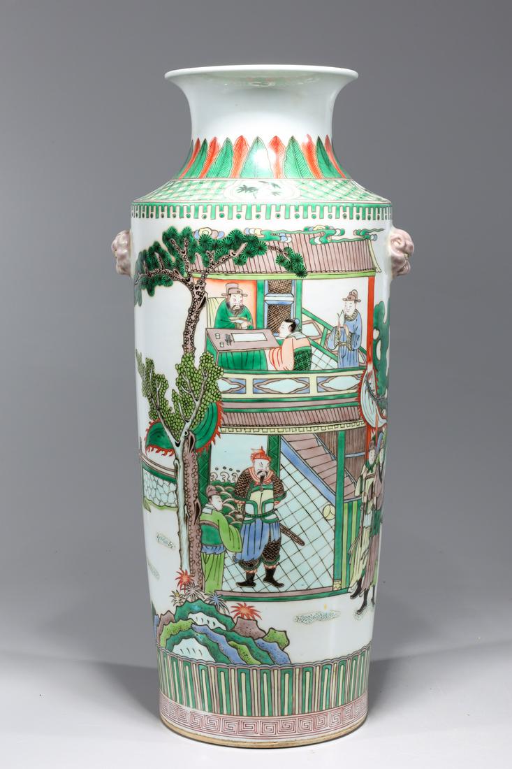Large Chinese Famille Verte Enameled Porcelain Vase: Large Chinese famille verte enameled porcelain vase with molded mask handles to shoulder and six-character Kangxi mark to base; overall good condition; H 20 3/4" x D 8 1/2" (approx.)