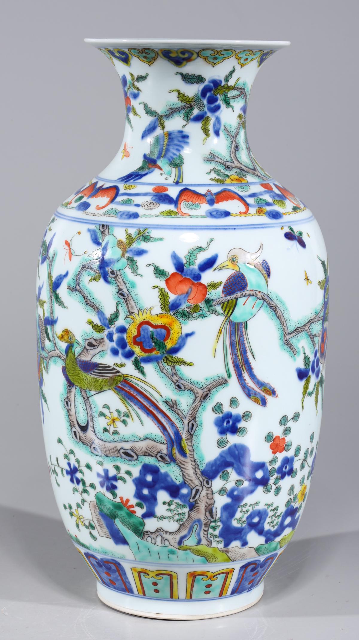 Chinese Famille Verte Enameled Porcelain Vase: Chinese famille verte enameled porcelain vase with birds, trees, bats, and concentric circles to body, six-character mark to base; overall good condition; H 15" x D 7 1/2" (approx.)