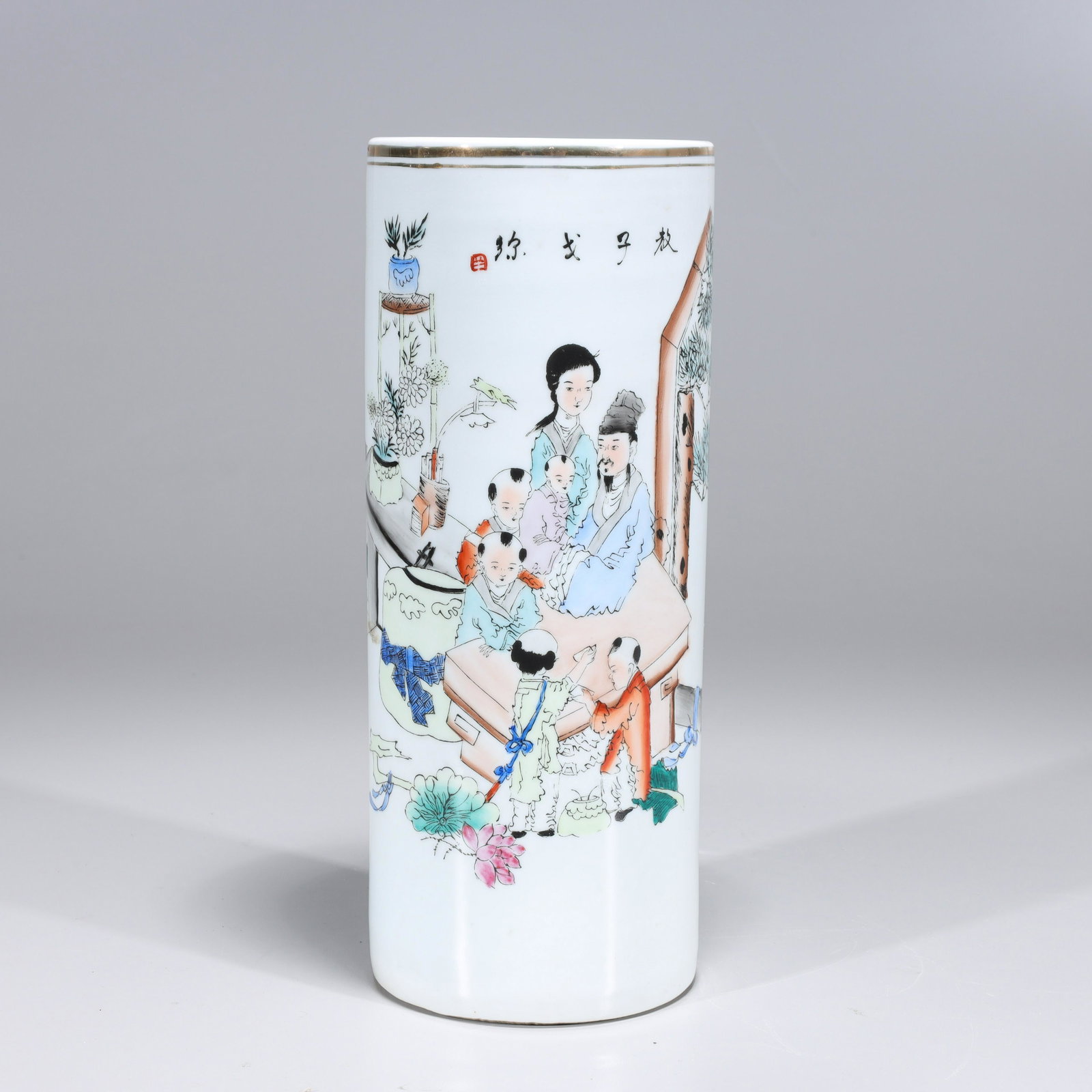 Chinese Porcelain Hat Stand: Chinese porcelain hat stand with figures, calligraphy, and gilt details; overall good condition, minor wear; H 11 3/8" x 4 5/8" (approx.)