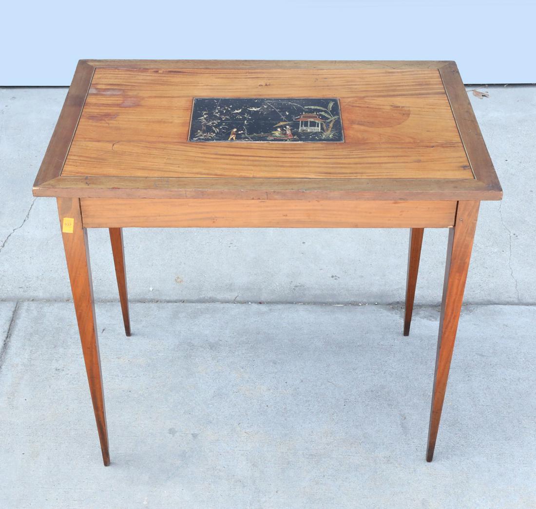 Chinese Wood Table: Antique Chinese wood table with inlayed hand-painted scene on the top; as-is condition; H 30" x L 33 1/2" x W 21 1/2" (approx.)