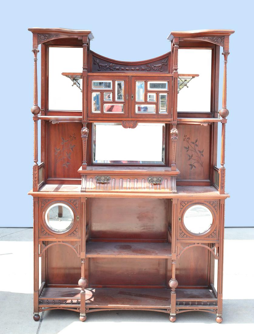 Vintage Wood Ã‰tagÃ¨re Shelf: Vintage wood Ã©tagÃ¨re shelf with mirrors and carving, missing keys; as=is condition; H 76 1/4" x W 52 x D 14 1/2" (approx.)