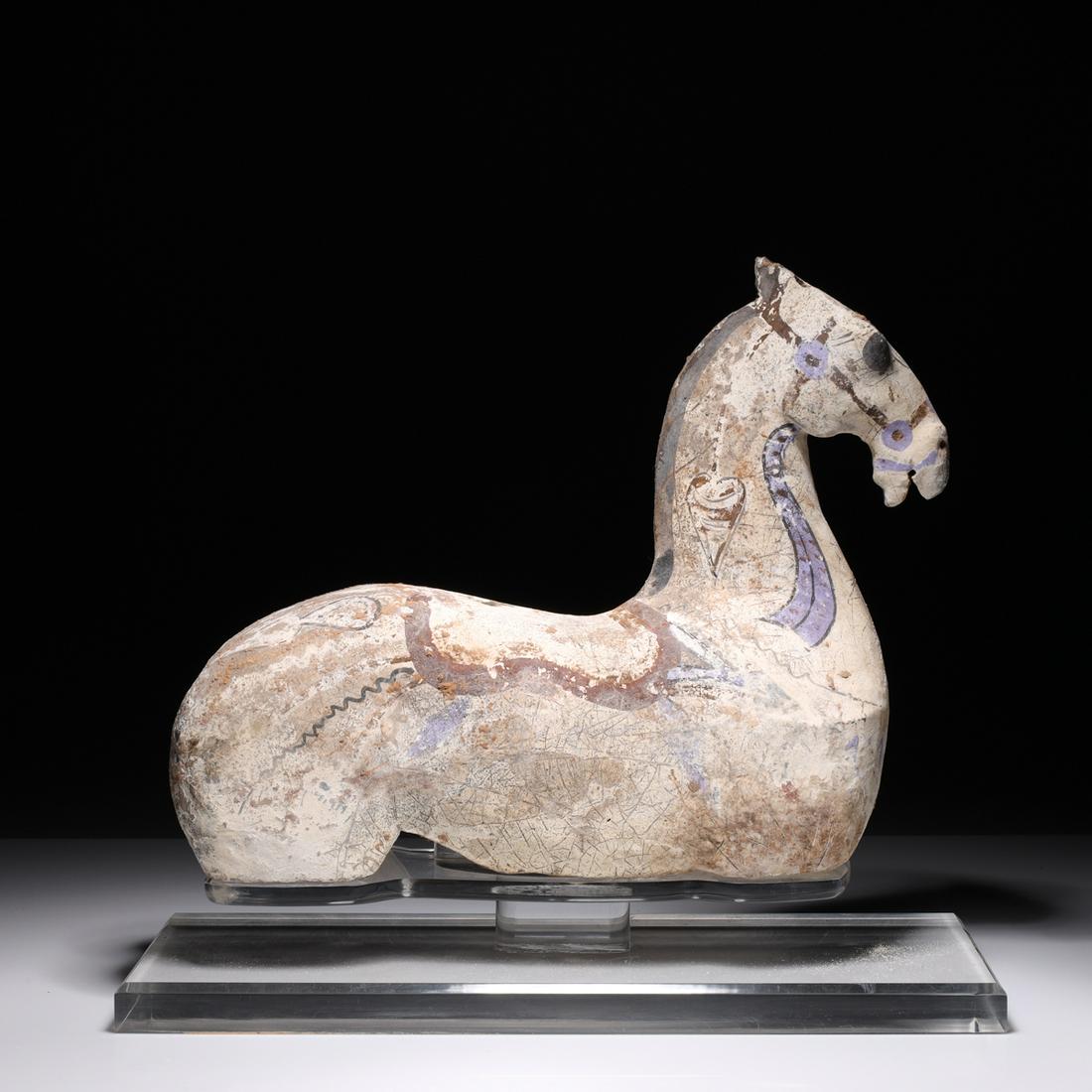 Chinese Antique Han Dynasty Horse Torso: Chinese Han dynasty antique pottery horse torso mounted on custom lucite base, tested for authenticity at the University of Hong Kong, purchased from Arch Angel Antiques, Hong Kong, circa 1999; overal