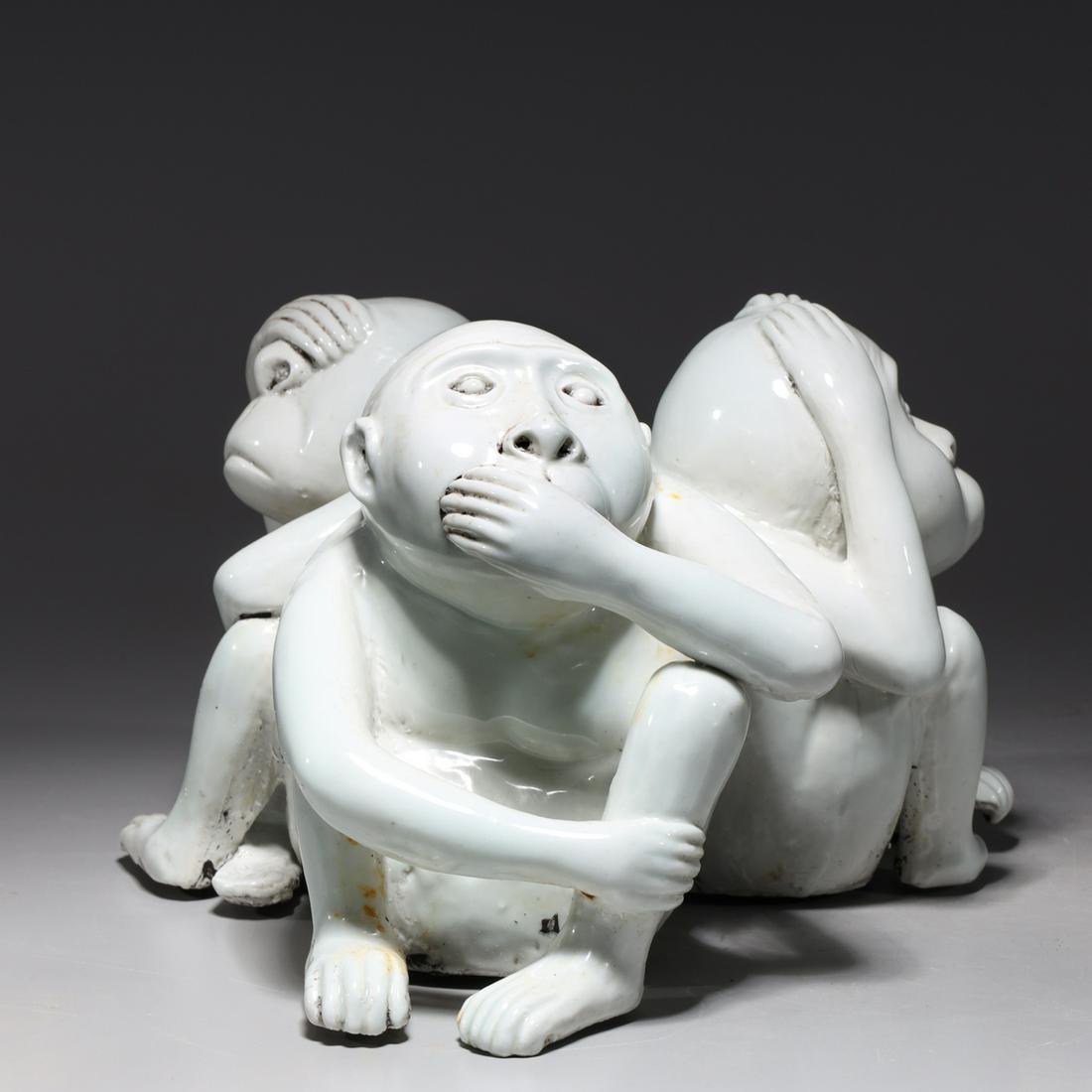 Chinese White Glazed Three Monkeys Porcelain Statue (1 of 7)