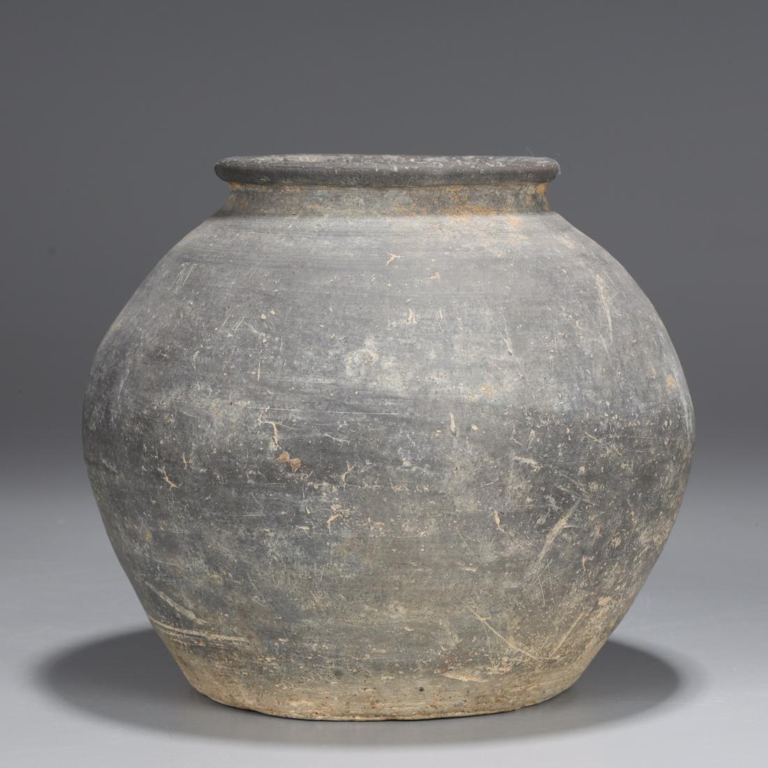 Antique Korean Koryo Dynasty Vase: Antique Korean Koryo Dynasty gray vase with large ovoid body and rounded everted mouth; rim chips, other flaws consistent with age; H 6 3/4"