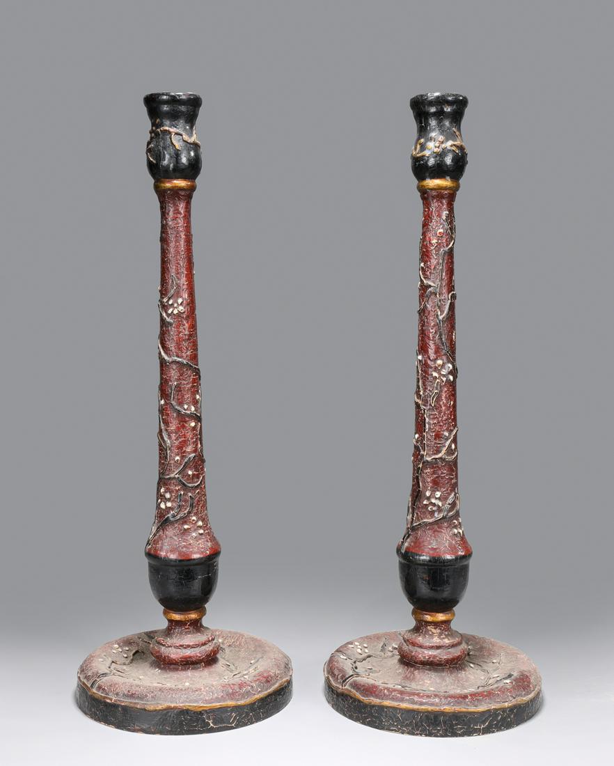 Pair of Meiji period Japanese lacquer wood candlesticks (1 of 5)