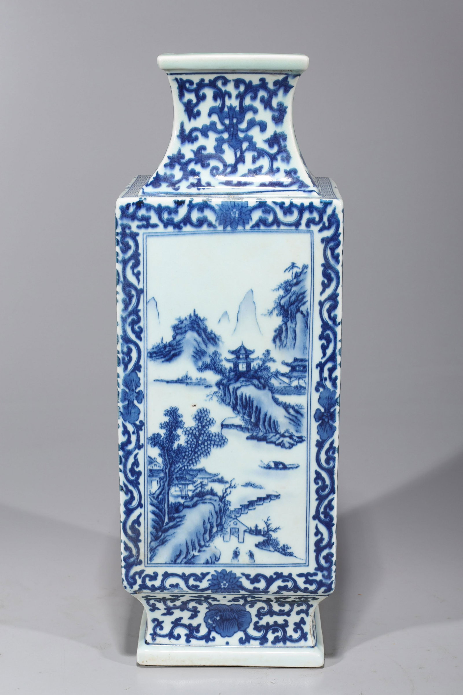 Chinese Square Form Blue & White Vase: Chinese square form blue and white Qianlong style vase, with birds, flowers, and landscape designs, six-character Qianlong mark to base but later, post-1950; overall good condition, some surface wear 