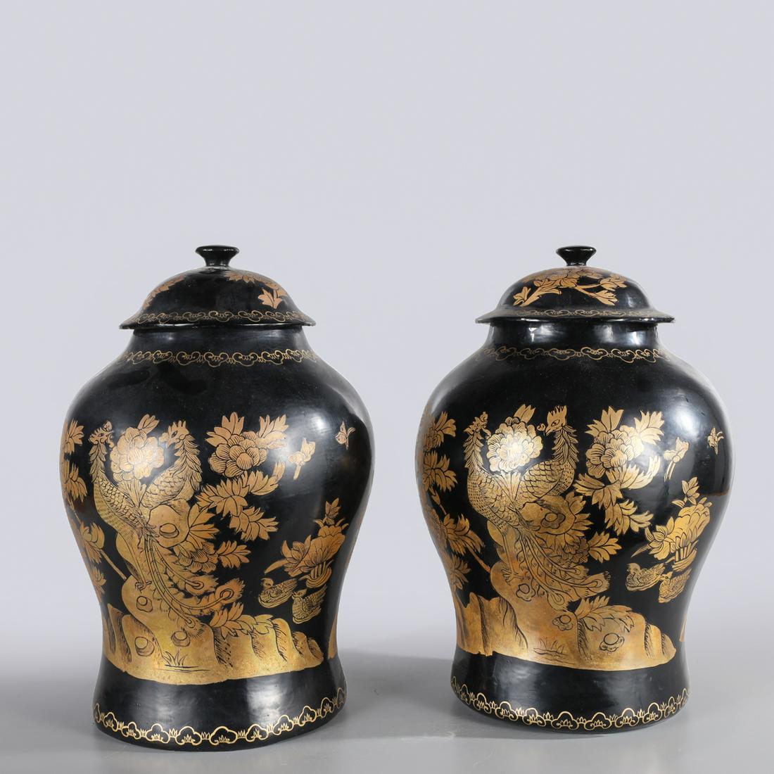 Pair Chinese Gold & Black Lacquer Jars (1 of 5)