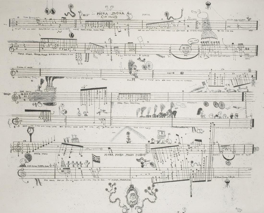 Ronald Markman (American, 1931 - 2017): Etching in black on white wove paper titled "Moxa Moxa" by Ronald Markman (American, 1931 - 2017) numbered 15 of 50, titled and signed in lower margin, framed; etching 9 1/2" x 12 1/4", in frame 18 1/