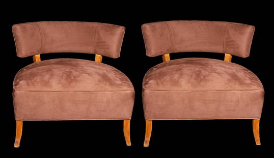 William (Billy) Haines Slipper Chairs: Pair of wood and upholstered William (Billy) Haines slipper chairs; as-is condition with heavy wear, scratches and losses to legs, some pilling and stains to upholstered; H 26 1/2" x L 31 1/2" x W 30"