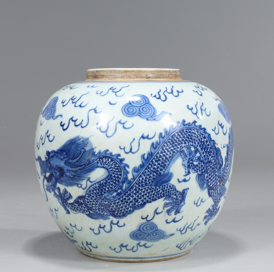 Chinese Blue & White Porcelain Jar: Chinese blue and white porcelain jar with dragon chasing pearl amidst clouds; as-is condition with soiling, other flaws and losses; H 6 1/2" Provenance: Private Florida, USA Collection
