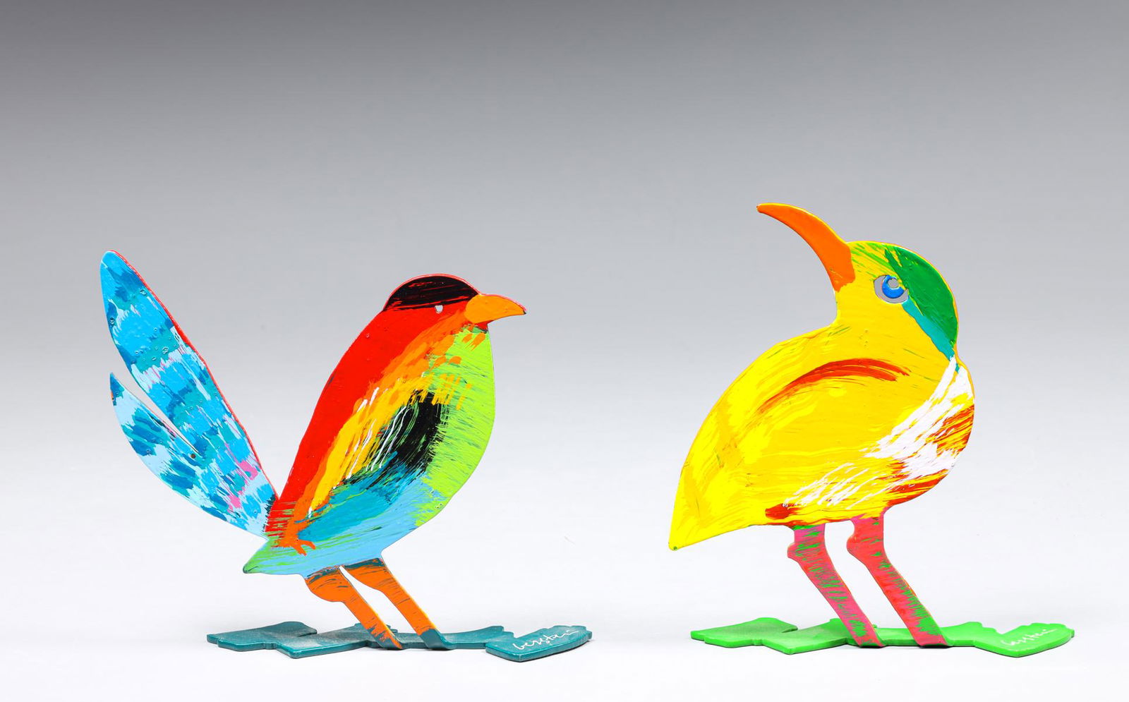 Group of Two David Gerstein (1944-Present) Metal Bird Sculptures: Group of two David Gerstein (1944-Present) metal bird sculptures; surface abrasion on verso base, minor inclusions on surface, little to no age wear; largest L 4 1/2" W 1" H 5 1/2" (Approx.)