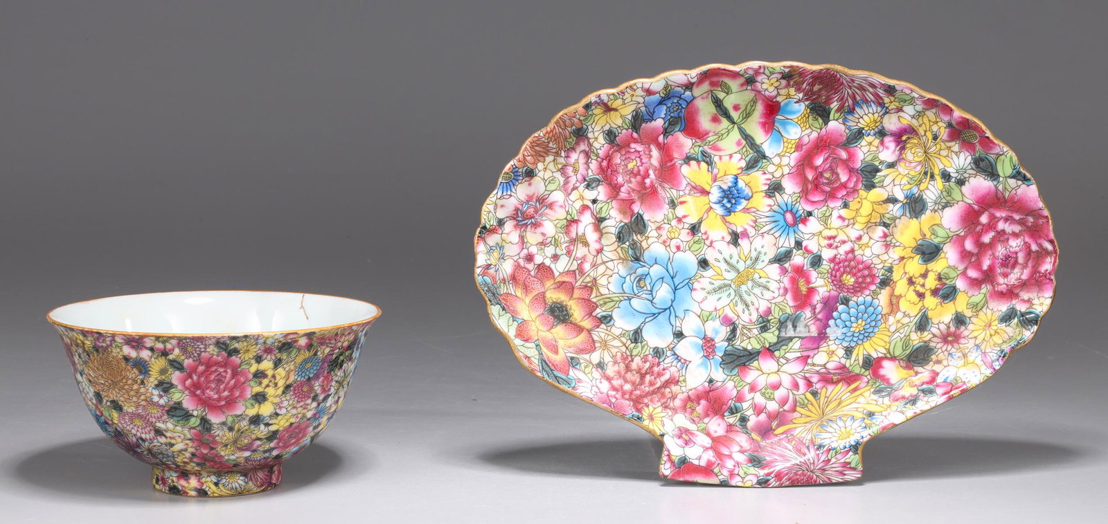 Two Chinese Famille Fleur Porcelains: Two Chinese Famille Fleur porcelains including bowl with four character mark to base; as-is condition with firing flaw to interior rim; together with shell form dish with calligraphy to base; as-is co
