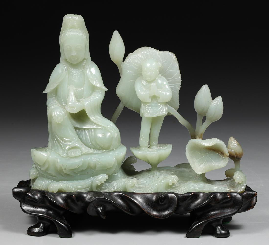 Elaborate Chinese Celadon Jade Carving of Guanyin (1 of 5)