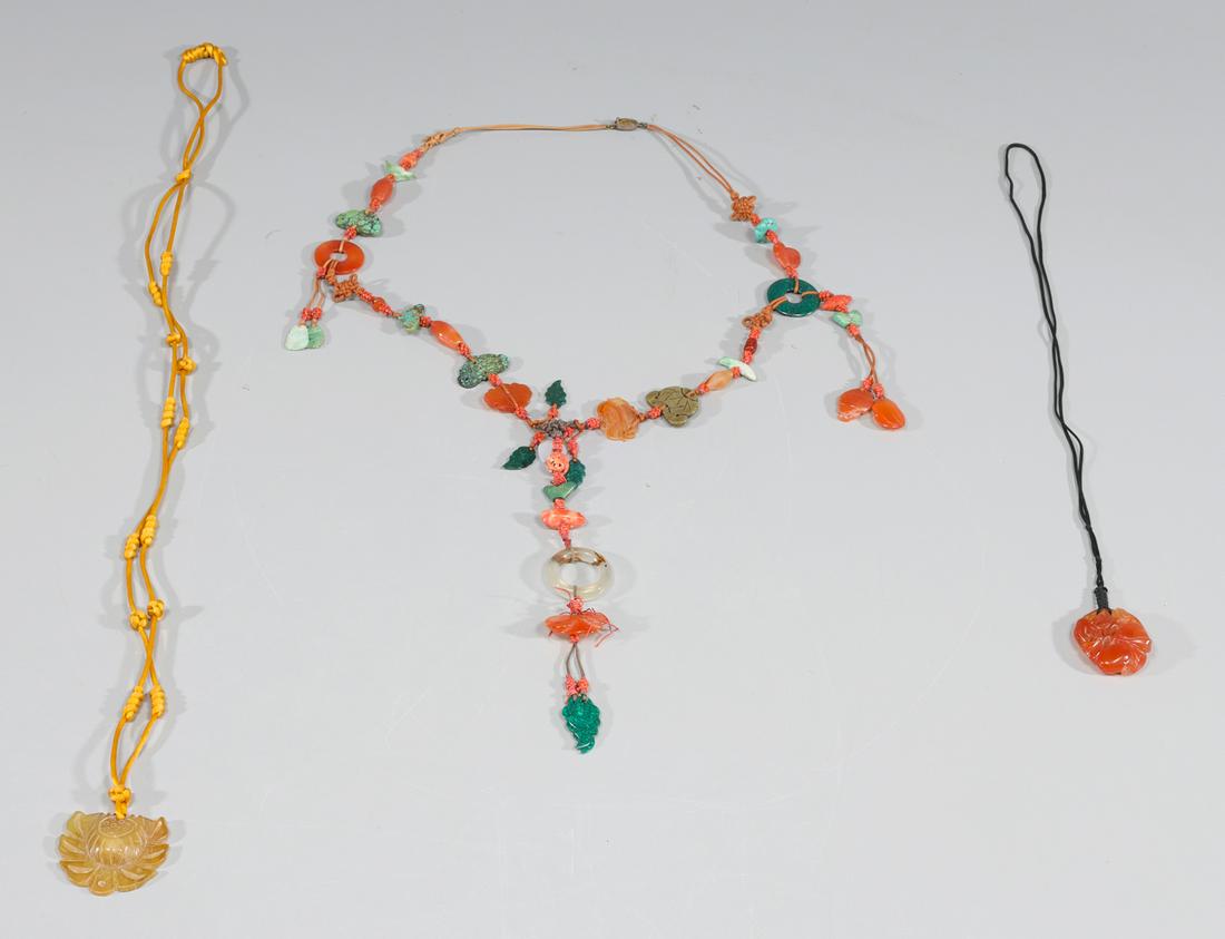 Group of Three Chinese Carved Necklaces, Agate, Tourmaline, Turquoise (1 of 3)