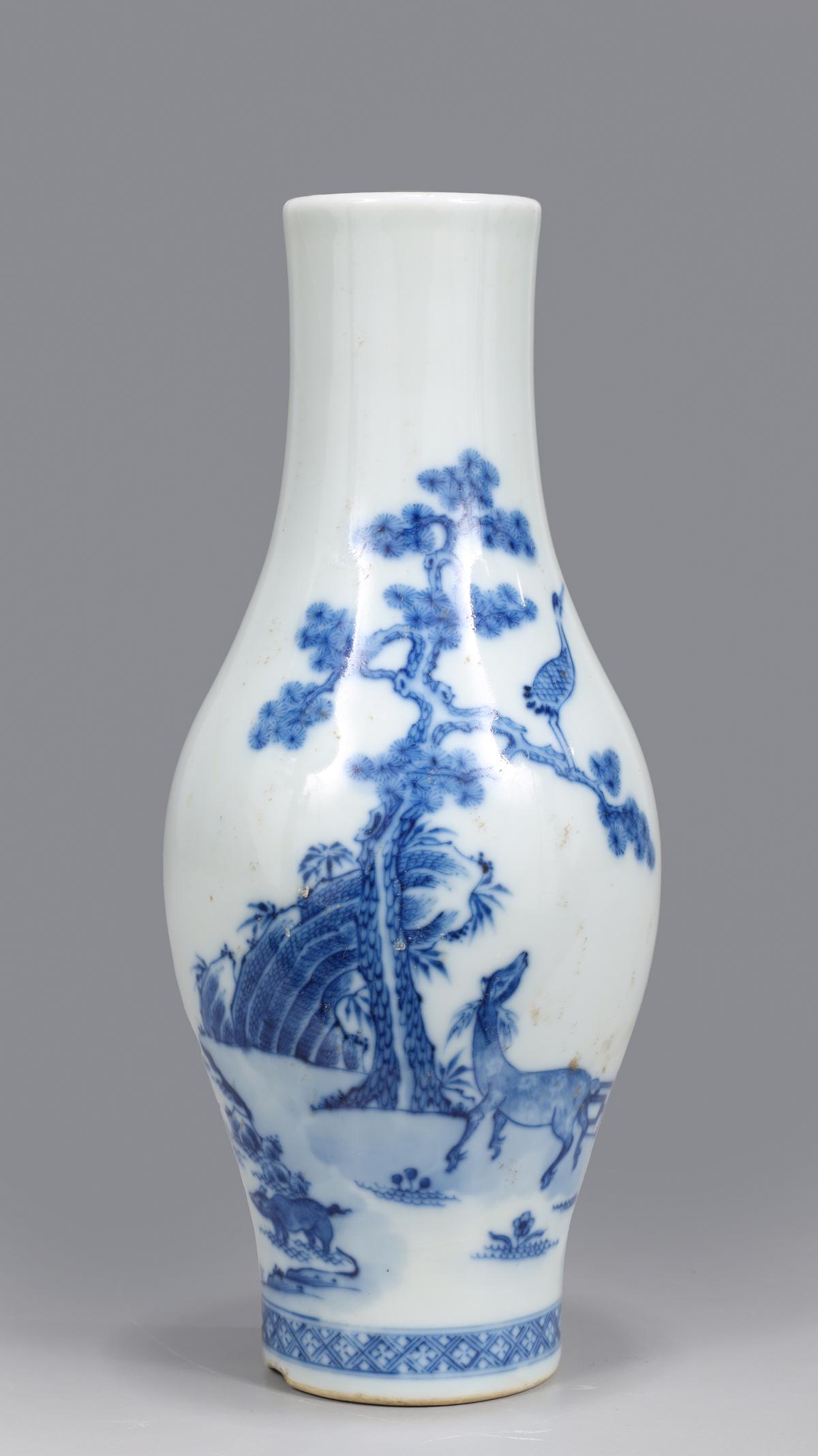 Chinese Blue & White Porcelain Jar: Chinese blue and white porcelain jar with horse, bull and crane scene, mark to base; large crack and chip to foot rim, as-is condition with cracks from firing throughout; H 7 1/4" Provenance: Private 