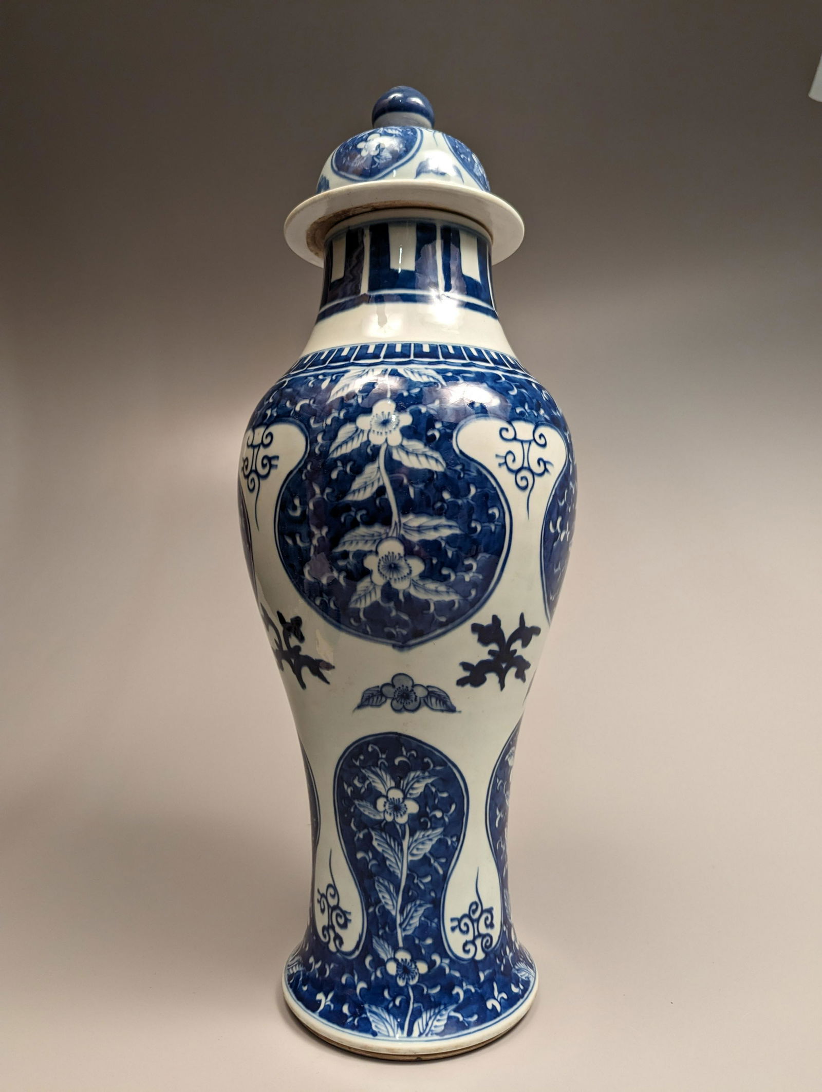 Pair Transitional-Style Blue and White Porcelain Covered Vase (1 of 3)