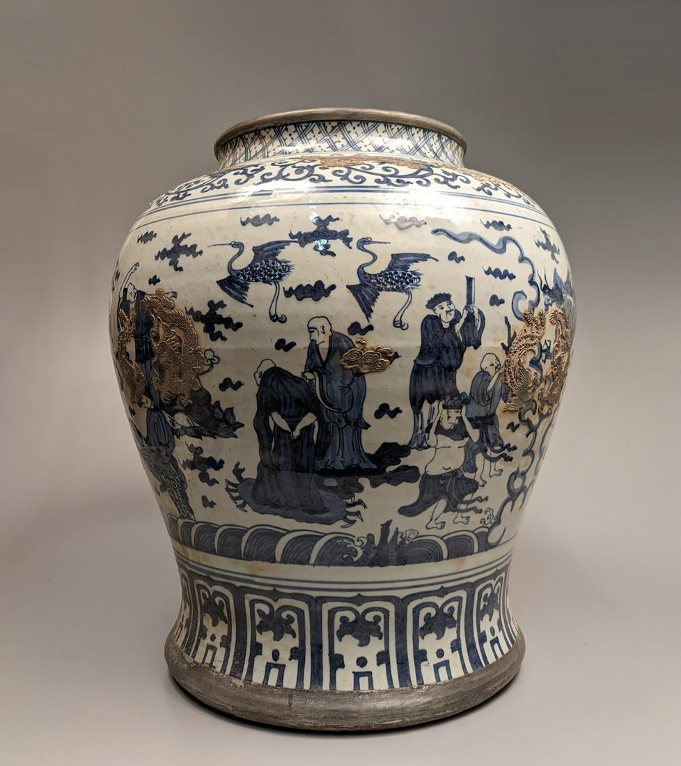 Massive Ming-Style Blue and White Jar with Pewter Rims (1 of 3)