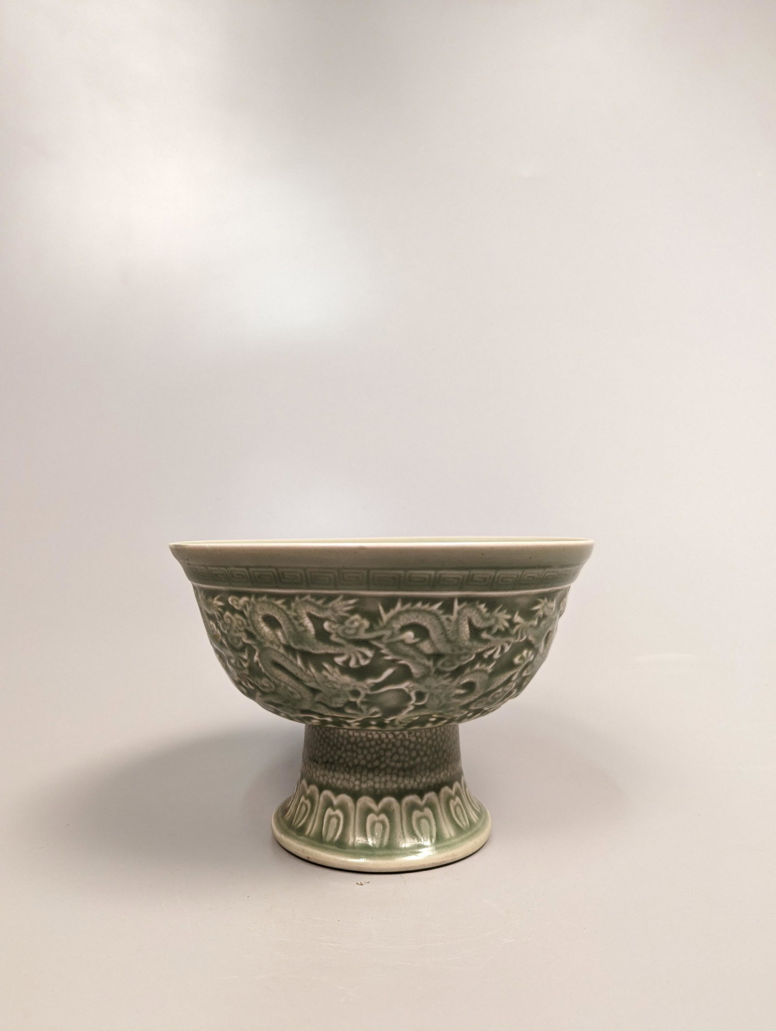 Qianlong-Style Carved Celadon Pedestal Bowl (1 of 3)
