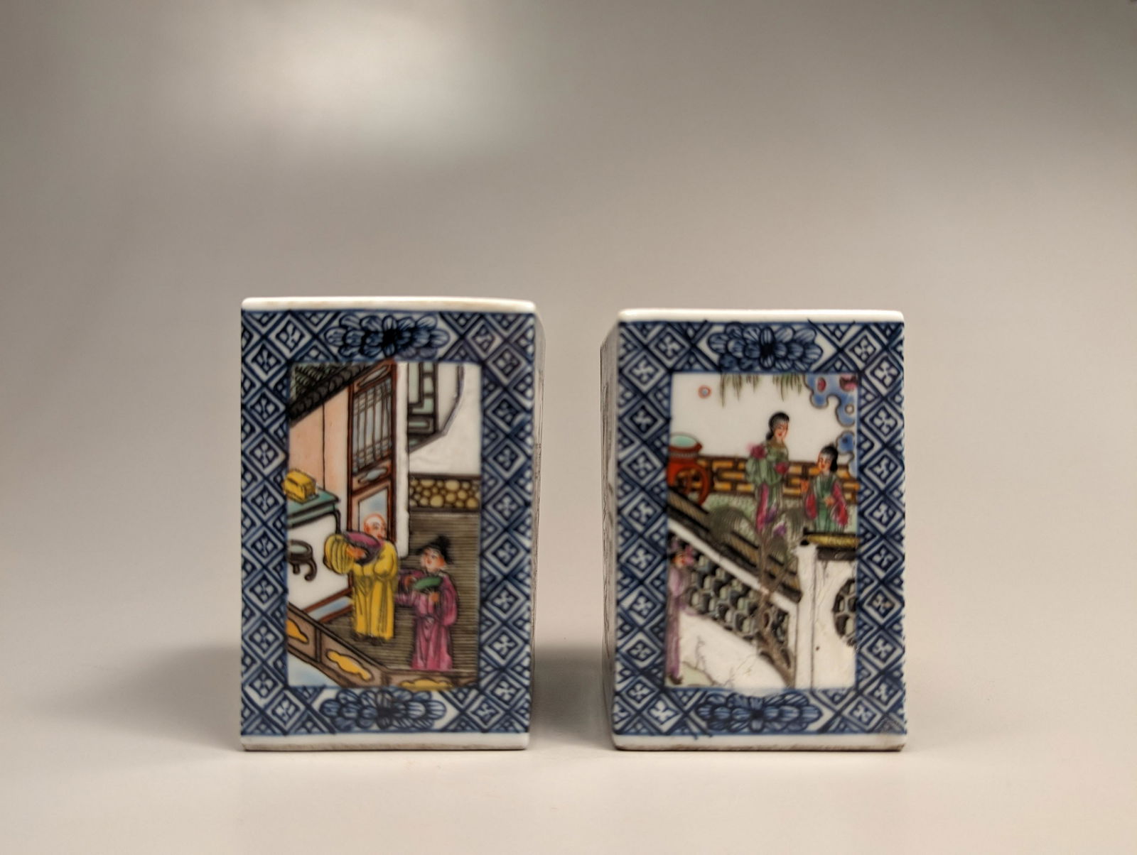 Pair Small Enameled Porcelain Squared Brushpots (1 of 2)