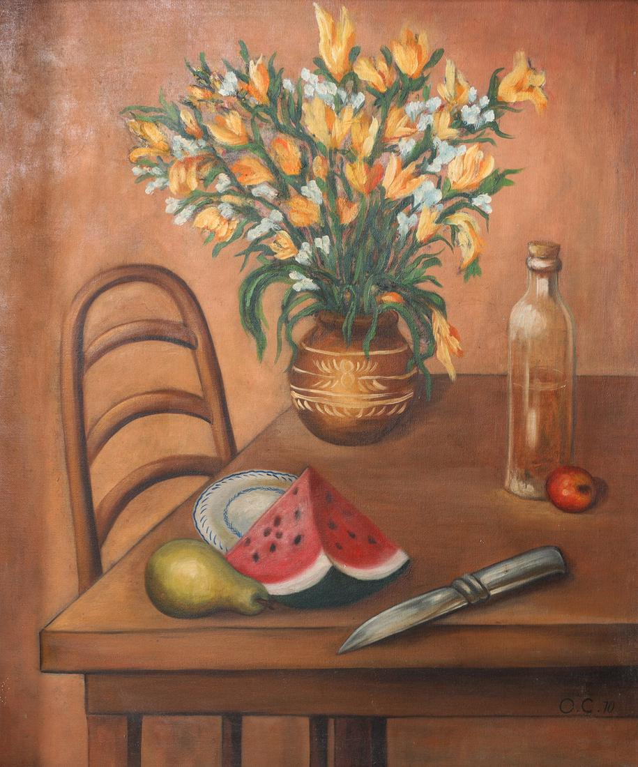 Olga Costa (Mexico, 1913-1994): Oil on canvas laid on board by Olga Coasta (Mexico, 1913-1994), still life, framed, signed and dated bottom right O.C. 70; canvas measuring H 27 1/4 x W 22 1/2 inches, overall H 36 x W 32 inches; as c