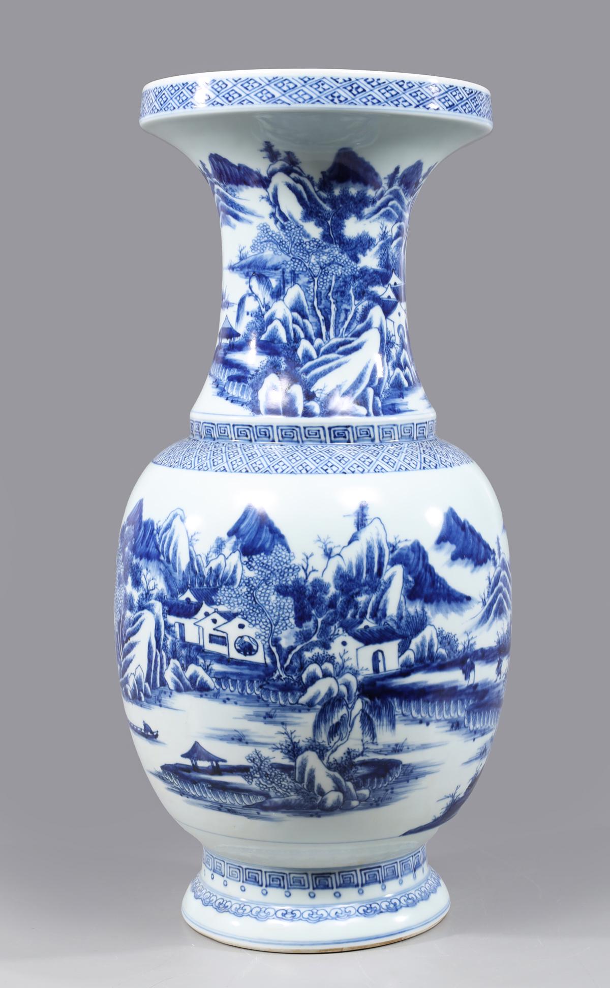Chinese Blue & White Porcelain Vase: Chinese blue and white porcelain vase with designs allover of numerous figures engaged in various activities with alternating patterns at foot, neck and rim; H 18"