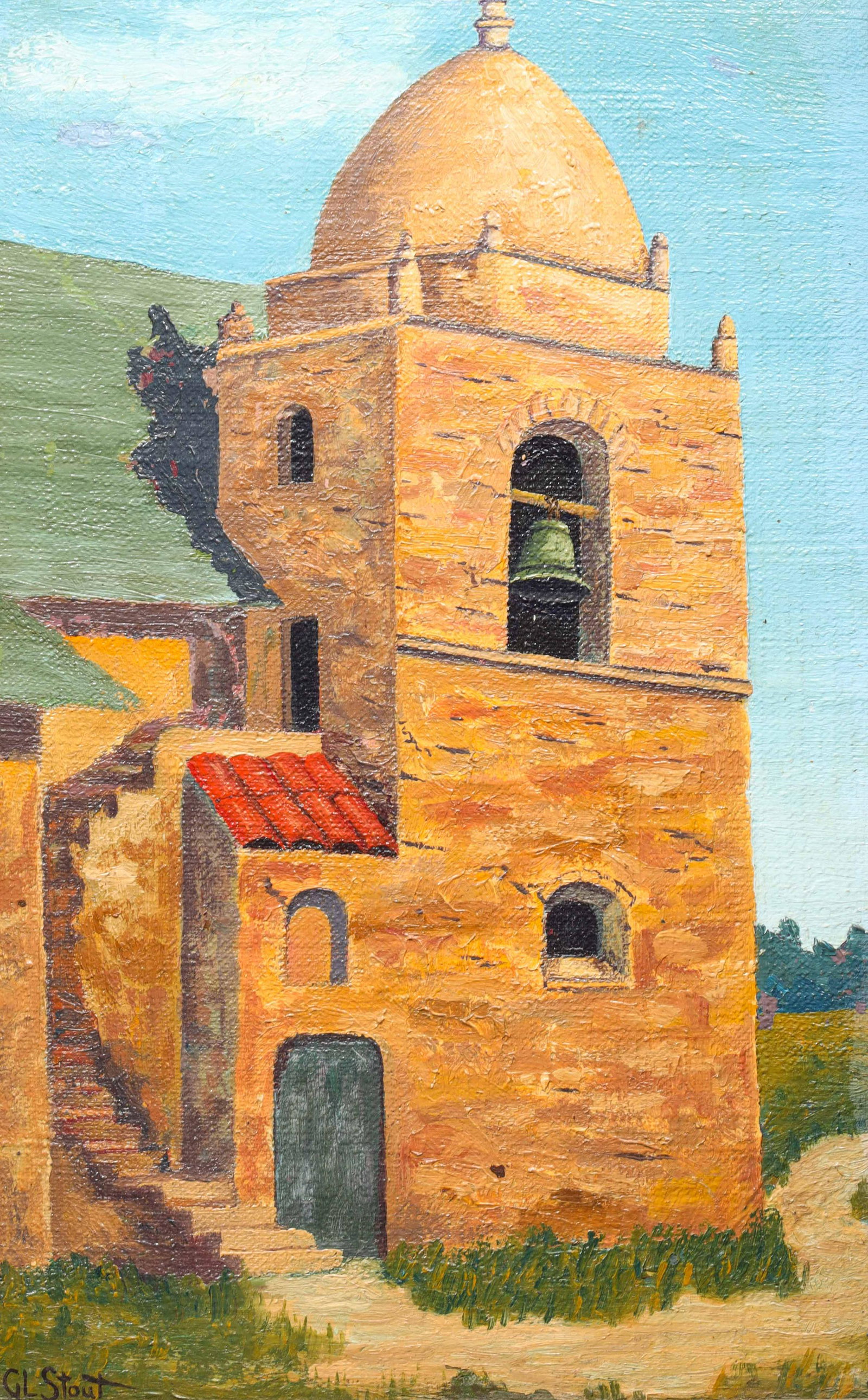 Oil/Board Gerald Lester Stout (American, b. 1917) Ca. Mission: Oil on board Gerald Lester Stout (American, b. 1917) Bell Tower at Carmel Mission, Carmel-by-the-Sea, California, c. 1930's, with giltwood frame; overall good condition, age wear, surface wear; sight 