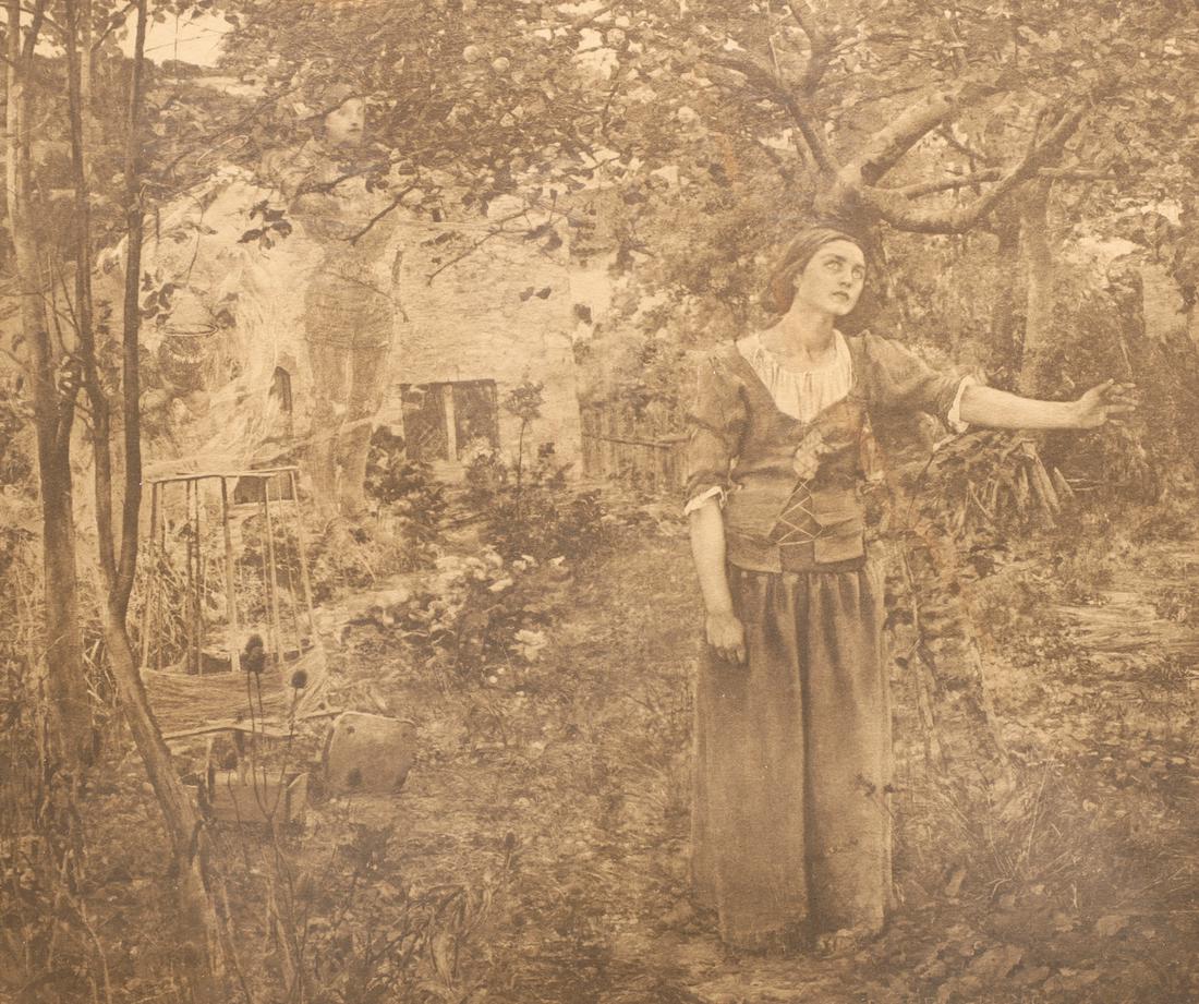 Lithograph After Jules-Bastien Lepage (French, 1848-1884): Antique sepia lithograph on paper after Jules-Bastien Lepage (French, 1848-1884) Joan of Arc, framed, matted: water stain on mat, surface soiling on frame, overall good condition, age wear, surface we