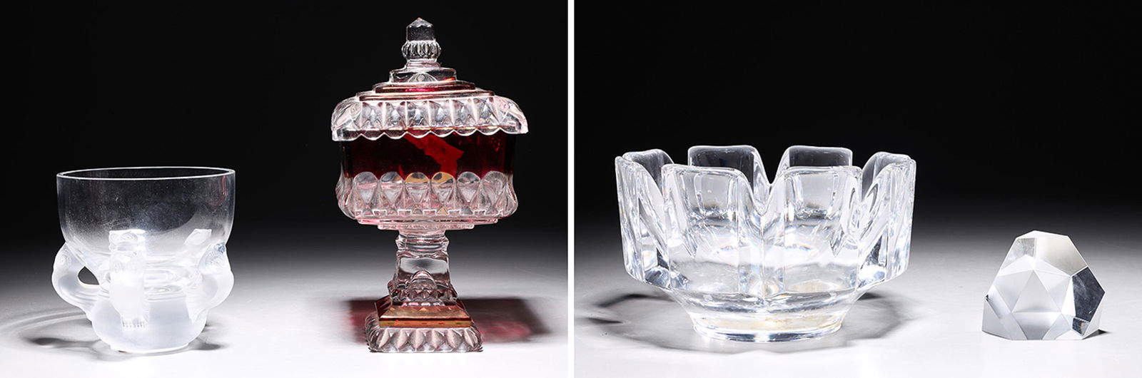 Group of Four Assorted Vintage Glasswares: Group of four assorted glasswares, including two bowls, one signed Orrefors, one signed Lalique, and one glass paperweight, and one covered dish; the Orrefors bowl and the covered dish with some soili