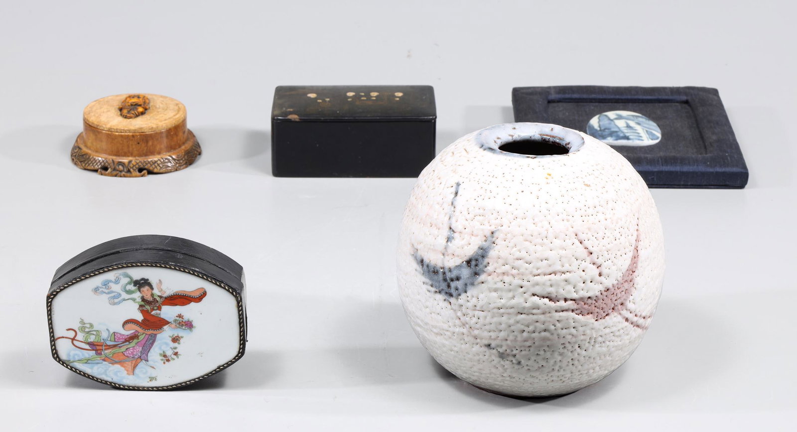 Group of Five Chinese and Japanese Ceramic and Lacquer: Group of five mix Chinese and Japanese collectibles, including: Mounted ceramic tile, Chinese lacquer box, Chinese lacquer box with hand painted porcelain top, Chinese hardstone box with Buddha top, J