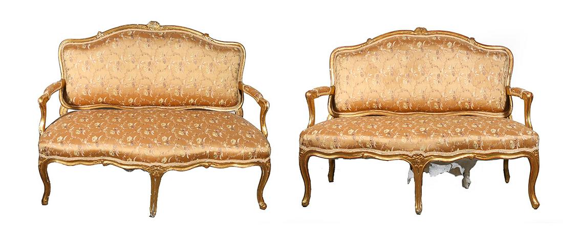 Pair of French Provincial Giltwood Settees: Pair of French provincial giltwood settee with silk jacquard upholstery; as is condition, loss to gilt finish, age wear, surface wear, flaws, losses; each L 53 1/2" W 21 1/2" H 38" (Approx.)
