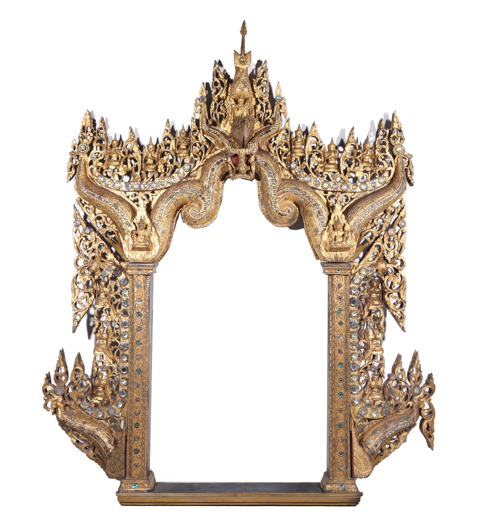 South East Asian Gilded Arch Frame: South-east Asian gilded arch frame with openwork detail, mounted figures, and bejeweled trim; as is condition, age wear, surface wear, flaws, chips, losses; L 56" W 11" H 77" (Approx.) Provenance: Pri